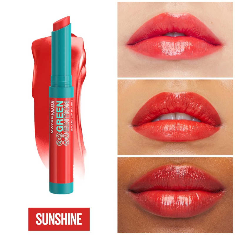 رژ لب بالمی میبلین Green Edition رنگ Sunshine با بافت مرطوبکننده و نمونه رنگ روی لب